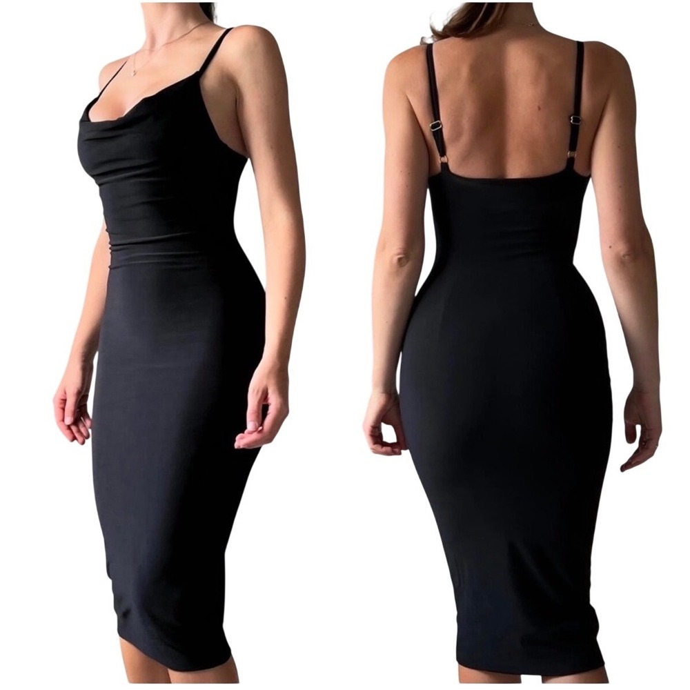 AYM Dorset Drape Dress Womens Medium Black NEW Built-in Bra‎ Cowl Neck Midi